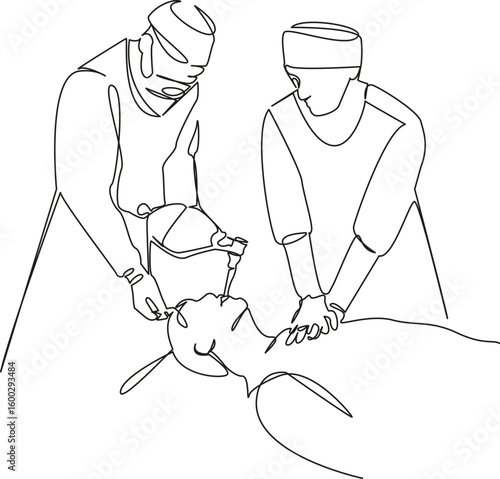 One continuous single drawing line art flat doodle doctor, patient, hospital, cpr, rescue, first aid, healthcare and medicine. Isolated image hand draw contour on a white background, hand drawn, not A