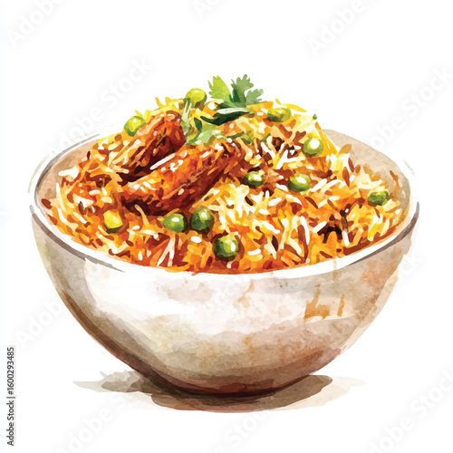 Watercolor Illustration of Flavorful Biryani Rice with Green Peas and Herbs