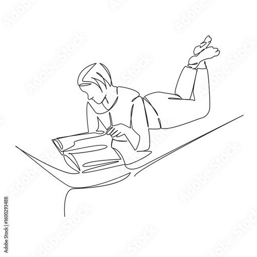 One continuous single drawing line art flat doodle reading, book, lifestyle, indoor, education, relaxation, girl, learning. Isolated image hand draw contour on a white background, hand drawn, not AI