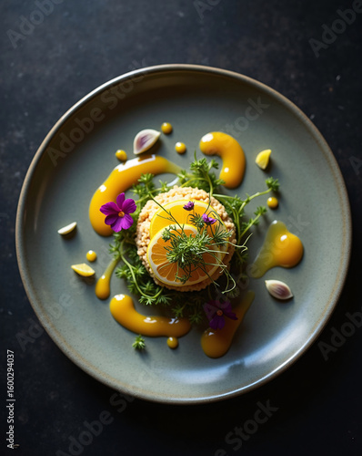 Luxury fine dining top view with a plated minimalistic dish featuring fresh calamansi as the citrus star ingredient
