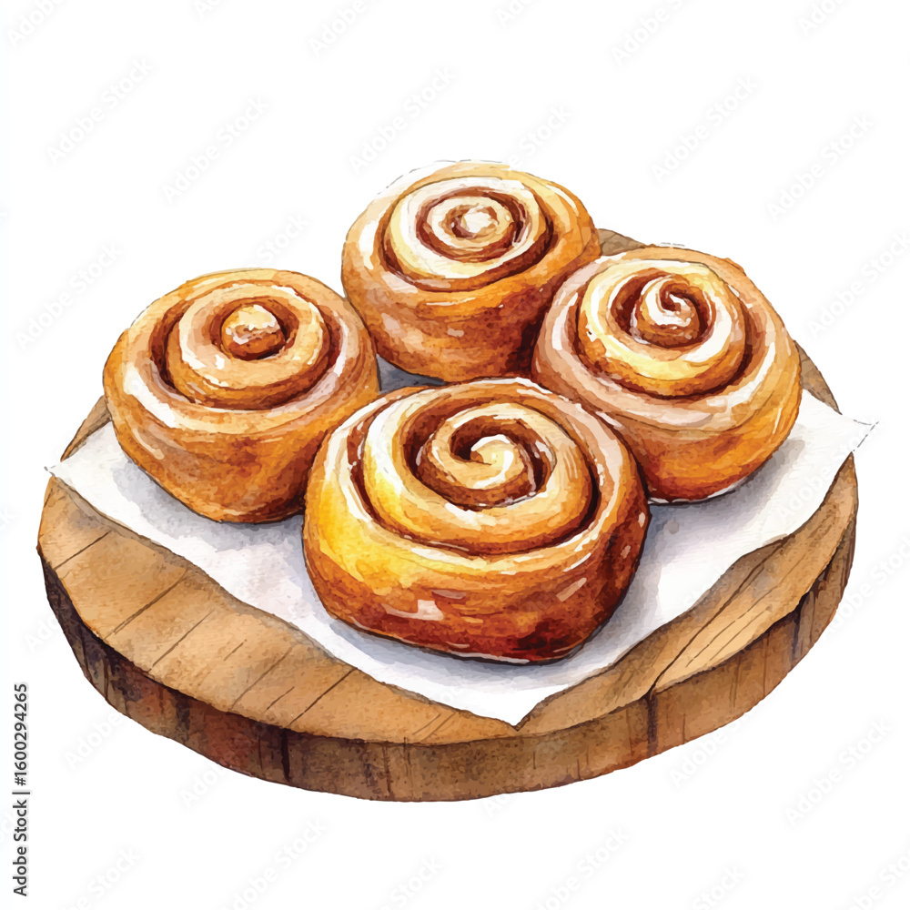 Fototapeta premium Watercolor Illustration of Four Freshly Baked Cinnamon Rolls on Wooden Platter (1)