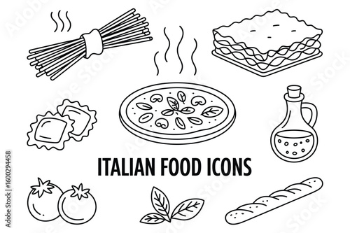 Black and white line drawing of Italian food including spaghetti ravioli lasagna and more traditional food items