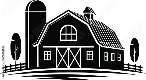 Black and white vector illustration of a classic American barn with a silo representing agriculture rural life and the heartland perfect for logos and designs