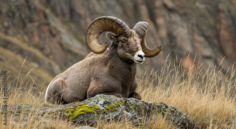 Obraz premium Sheep horns. Ram Resting on Rock Ledge in Mountainous Landscape