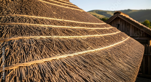 Close up of a thatched roof with a wooden building and green hills in the background on a sunny day