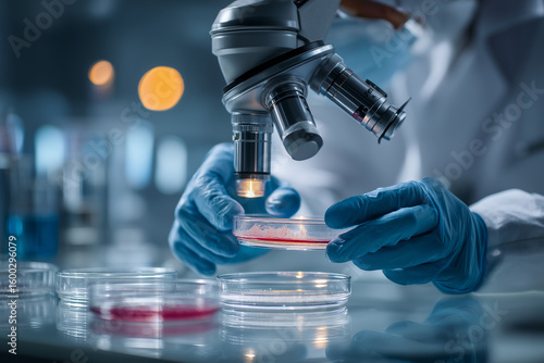 Skupienie i precyzja – pracownik laboratorium w trakcie analizy próbek bakterii pod mikroskopem