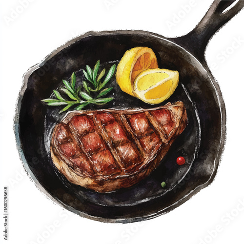 Watercolor Illustration of Grilled Steak with Lemon and Rosemary in Cast Iron Skillet