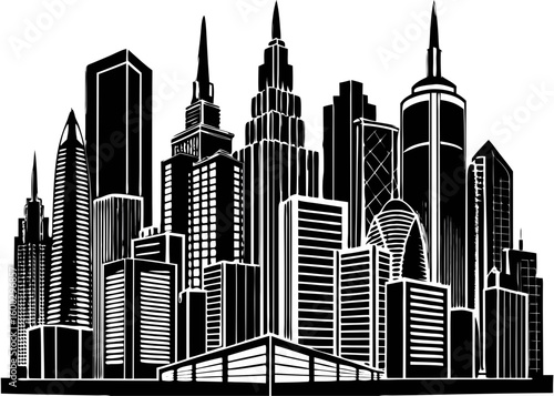 Modern City Skyline Silhouette - Urban Skyscrapers Line Art Vector