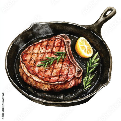 Watercolor Illustration of Grilled Steak with Rosemary and Lemon in Cast Iron Skillet