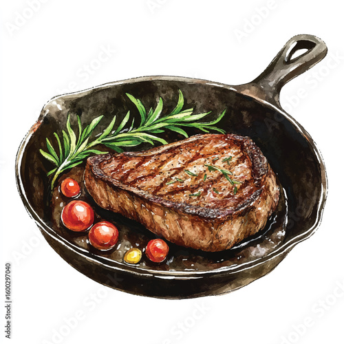 Watercolor Illustration of Grilled Steak with Rosemary and Tomatoes in Cast Iron Skillet