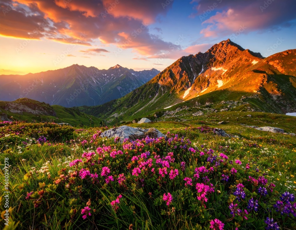 Obraz premium sunset or sunrise illuminates a breathtaking mountain landscape with alpine meadows, scattered flowers, and majestic snow-capped peaks under a dramatic sky of clouds