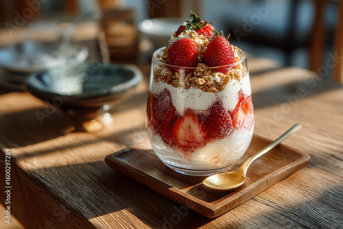 Strawberry yogurt granola parfait served in sunlit cafe