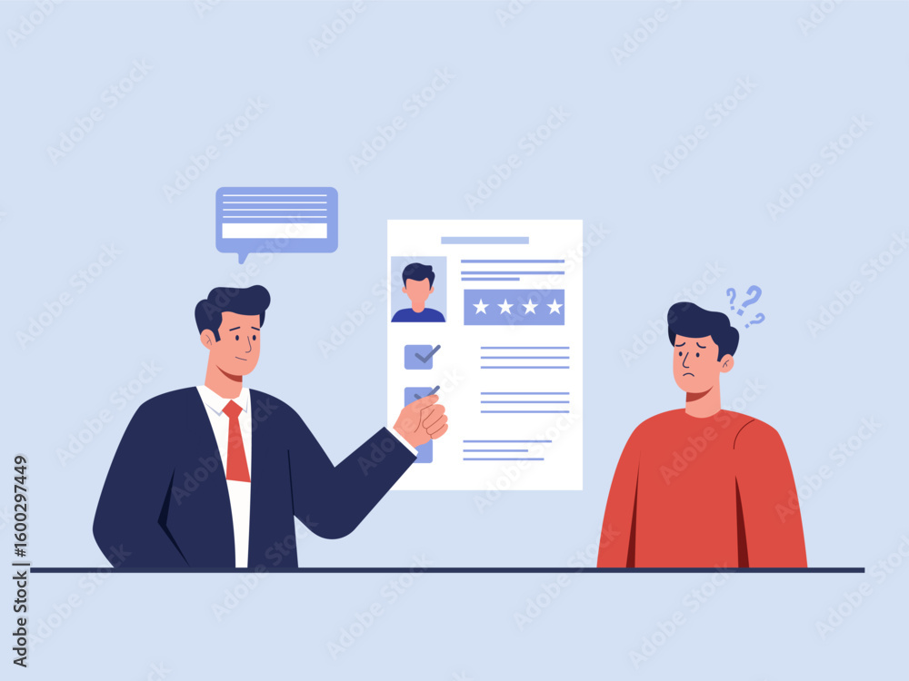 A businessman teaching an employee a resume mistake, vector illustration. job opportunities, vacancies, HR hiring, and candidate selection concepts. A businessman teaching an employee a resume mistake, vector illustration. job opportunities, vacancies, HR hiring, and candidate selection concepts.