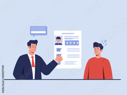 A businessman teaching an employee a resume mistake, vector illustration. job opportunities, vacancies, HR hiring, and candidate selection concepts.