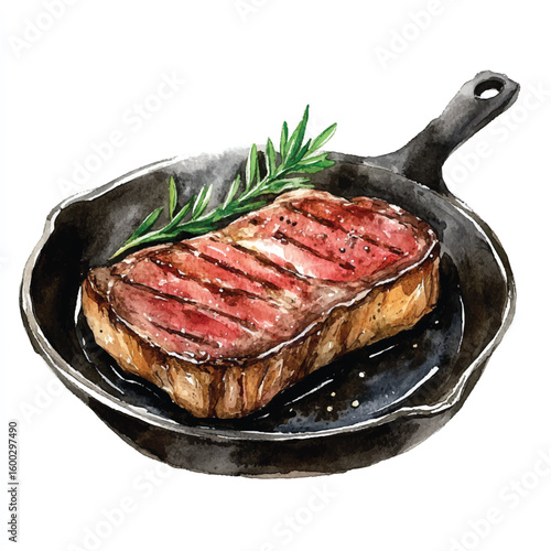 Watercolor Illustration of Grilled Steak with Rosemary in Cast Iron Skillet (1)