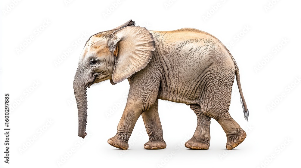 Fototapeta premium A young Asian elephant, isolated on a pure white background, walks gracefully with its trunk slightly raised, showcasing its detailed texture and gentle gait in a side profile