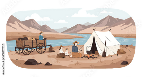Pioneer Family Camp: A warm, inviting illustration of a pioneer family camping in the vast wilderness, evokes the spirit of adventure, family, and the simple life.