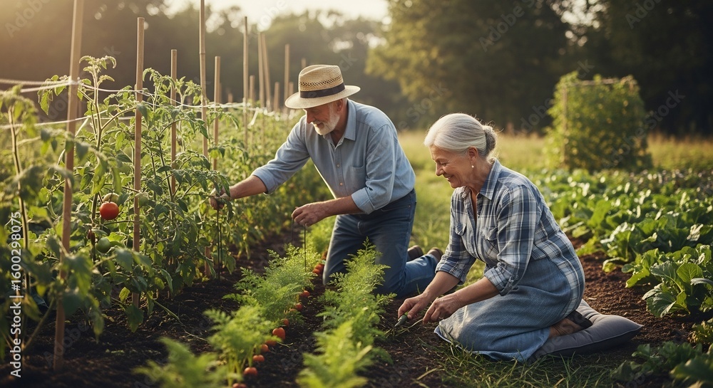 Fototapeta premium Senior couple tending their garden. Gardening together promotes healthy aging. Perfect for wellness, retirement living, nutrition and organic lifestyle promotions.