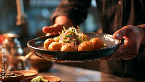 Finishing touch of indian food Panipuri plate ready to serve in slow motion vdo.