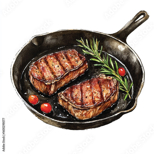 Watercolor Illustration of Grilled Steaks in Cast Iron Skillet with Rosemary and Tomatoes