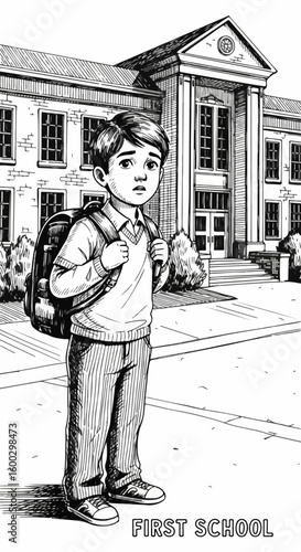 First school day, young boy stands apprehensively before building, a symbol of education. First school day, anxious child holds onto his backpack, embarking on new educational journey,