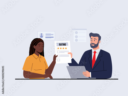 The manager provides a performance evaluation rating for an employee, illustrated as a vector graphic.