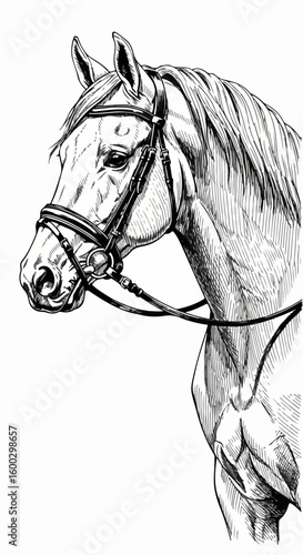 Illustration showcases equestrian art. Horse's head is depicted in an equestrian theme style.