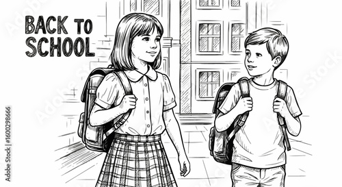 Going back to school, cheerful students with backpacks are ready for study as they approach school building. Enjoying back to school time before classes begin.