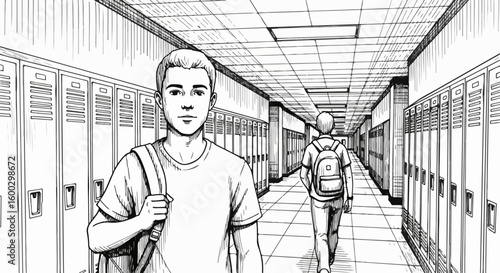 School hallway showing students walking to class in ink drawing. School hallway interior boasts rows of lockers with students passing by as they proceed to their classrooms.