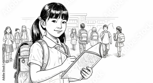 School girl illustration with her classmates in background. School illustration of female child writing in notebook with pencil, happy to learn.
