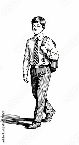 Student illustration in black and white shows young boy walking. This student goes to school carrying a bag, wearing formal clothes and tie, his stride confident.