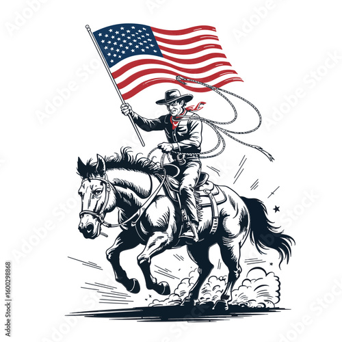 Vector Illustration of Cowboy Riding a Bucking Horse holding American Flag