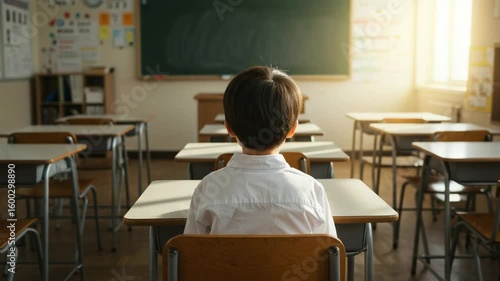 Rear view of a young Asian boy sitting alone at a desk in an empty sunlit classroom. Concept of education, childhood, and solitude.