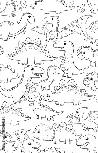 Adorable hand drawn dinosaur pattern for coloring