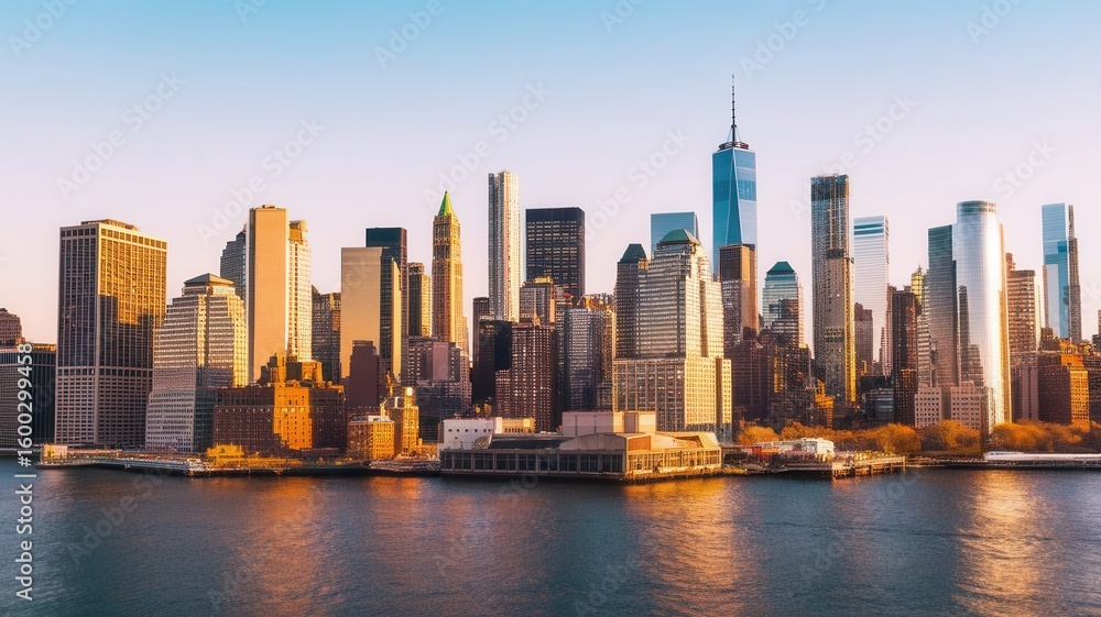 Obraz premium New York City Skyline at Golden Hour from the River View Stunning Urban Landscape