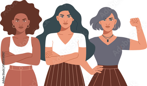 Sisterhood of Strength: Three diverse women stand united, arms crossed and fist raised, embodying resilience, empowerment, and the spirit of unity and solidarity.