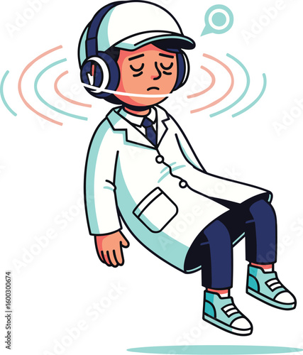 Man in lab coat floats with headphones and soundwaves. Illustration depicts relaxation through binaural beats for focus and study.