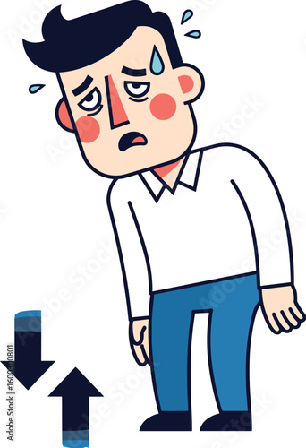 Stressed man is overwhelmed by downwards and upwards arrows. Represents feeling defeated, stagnation, failure, and loss of progress, symbolizing challenges and setbacks.