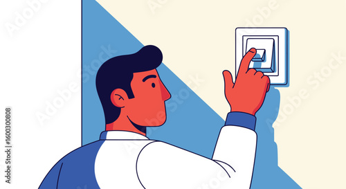 Man turns on light switch in the room. Person turning on the lights, switch, wall, electrical, energy, home
