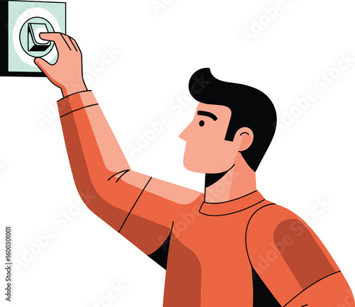 Man reaches for light switch in house. Turning on lights, home improvement, residential, energy efficiency.