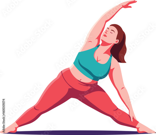 Woman does a triangle pose on white backdrop. Yoga, flexibility, stretching, wellness, health and fitness, exercise