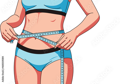 Woman measures her waist with a tape measure. Weight loss, fitness goals, health
