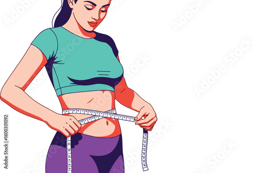 Woman measures waistline with tape measure for weight loss. Body measurement, fitness, health, diet.