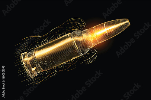 Vector golden bullet with a glowing trail flying in the air on a black background