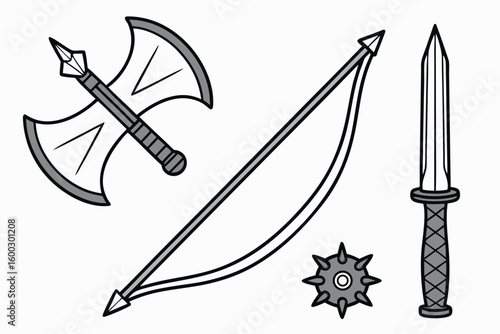 Collection of medieval weapons axe sword mace bow vector
