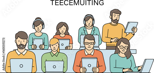 People participate in a virtual meeting with laptops and tablets. Online communication, teamwork, remote work, telecommuting.
