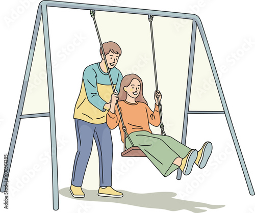 Man pushes girl on swing in park. Happy childhood, summer fun, play time, togetherness, friendship and family.
