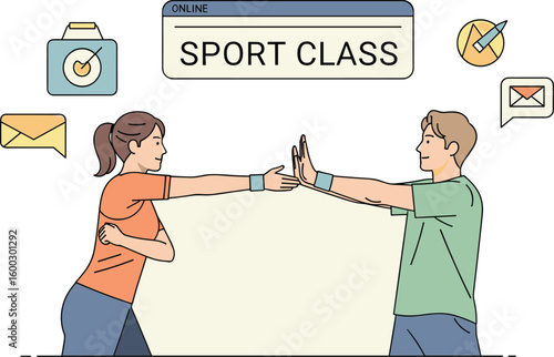 Man and woman attend online sport class. Interactive fitness, remote learning, wellness, lifestyle, connection.
