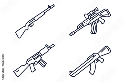 Four line art icons of rifles and assault weapons assault rifle