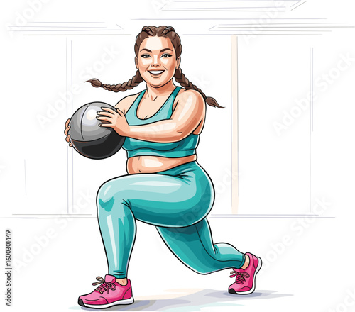 Woman does lunges with exercise ball. Fitness training, active lifestyle, body positivity and healthy choices.